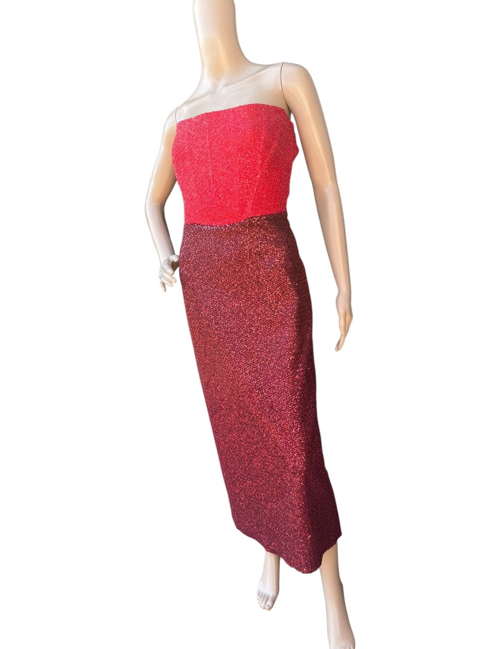 ST JOHN Fall 2022 Red Burgundy Sequin Strapless Boned Midi Formal Gown Size 12